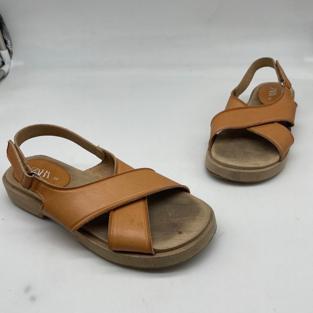 Zara Girls Tan Leather Criss Cross Slingback Sandals EU 34‎ 2600/631/100